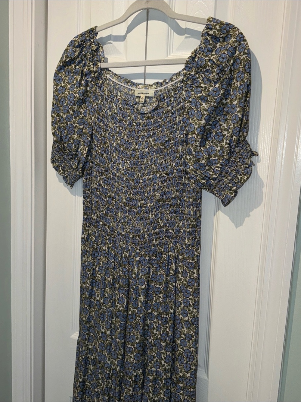 Max Studio Blue Floral Smocked Midi Dress